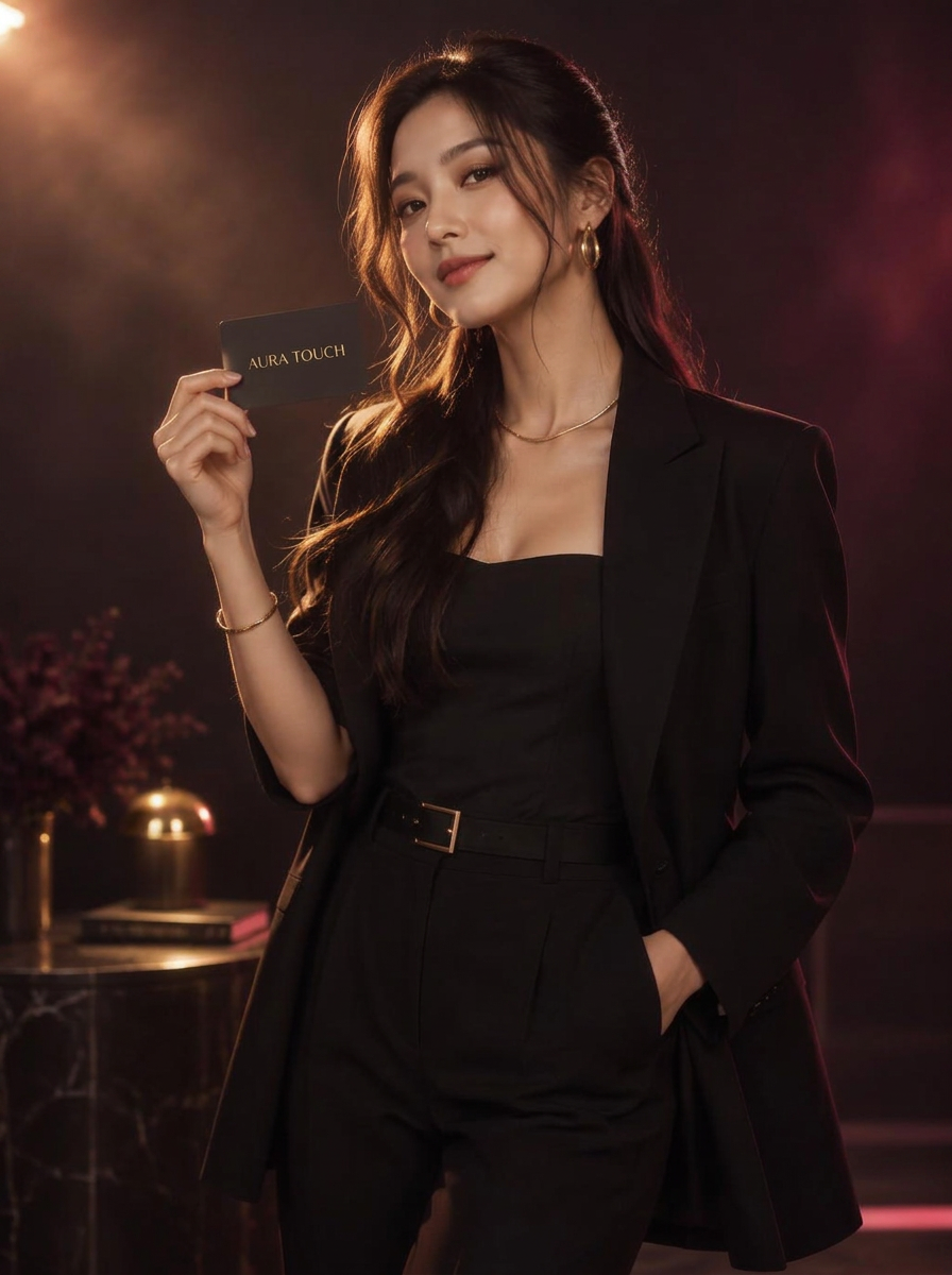 AuraTouch brand ambassador holding an AuraTouch name card